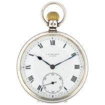 J W BENSON - an early 20th century silver open-face keyless pocket watch, white enamel dial with