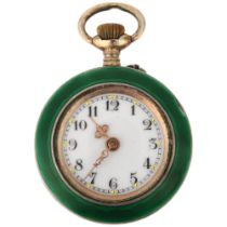 A Swiss green enamel open-face keyless fob watch, white enamel dial with hand painted Arabic