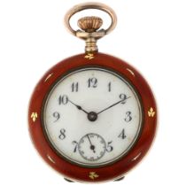 A Continental silver-gilt red enamel open-face keyless fob watch, white enamel dial with hand
