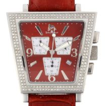 TECHNO MASTER - a stainless steel diamond quartz calendar chronograph wristwatch, ref. TM2055, red