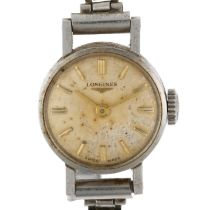 LONGINES - a lady's stainless steel mechanical bracelet watch, circa 1960s, silvered dial with