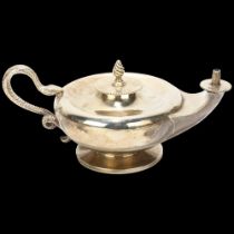 An Art Deco George V silver Aladdin's oil lamp, William Comyns, London 1931, with snake handle,