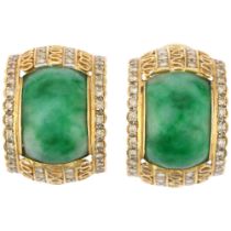 A pair of Continental 18ct gold and diamond half hoop earrings, set with curved rectangular jade