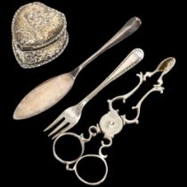 Various silver, including Victorian heart jewel box, Birmingham 1892, and sugar nips, London 1898,