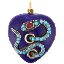 A fine ruby turquoise and blue enamel snake heart pendant, modelled