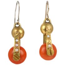 A pair of Victorian coral and pearl drop earrings, circa 1880, each set with coral bead, split