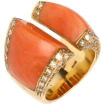 An Italian 18ct gold coral and diamond torque ring, pave set with modern round brilliant-cut
