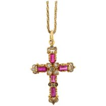 A Victorian ruby and diamond cross pendant necklace, circa 1860, set with oval-cut rubies with