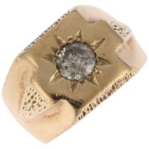A large and heavy 9ct gold 1ct solitaire diamond signet ring, star set with modern round brilliant-