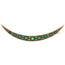 A Victorian 15ct gold green paste and split pearl crescent moon brooch, circa 1900, 62.6mm, 5.9g All