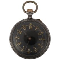 An early 20th century Swiss gun-metal open-face keyless fob watch, by Gustave Badollet, black enamel