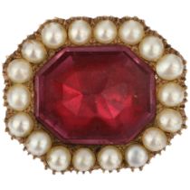 A Georgian 'Queen Anne' pink foil-back paste and split pearl octagonal brooch, circa 1800, centrally
