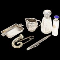 Various silver and white metal, including horn cornucopia scent bottle, Art Deco German silver