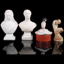 A Pan sculpture, 14cm, bust of Queen Victoria, and another, and an Art Deco trinket box with lady