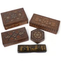 A collection of various inlaid boxes, including an Oriental black lacquered scribe's box (5)