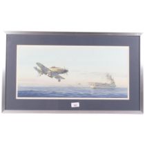 Watercolour of a Westland Wyvern four aeroplane in landing circuit on Aircraft Carrier HMS Eagle,