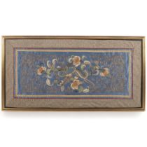 A Chinese embroidered silk panel embellished with gold wire, framed, 33cm x 64cm