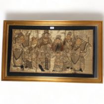 A framed Chinese gold silk thread study of 6 sages, 60cm x 99cm overall