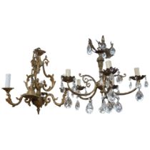 2 small brass chandeliers, 1 with lustre drops, and a pair of gilt-brass twin wall lights, with