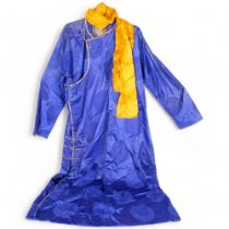 A traditional Mongolian Del, ceremonial robe, with associated scarf, vibrant blue silk robe, with