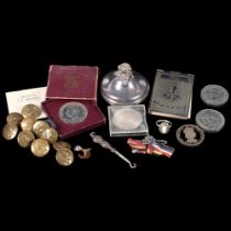 A quantity of interesting items, to include various commemorative coins, military buttons, a