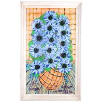 Royston Du Maurier Lebek, oil on board, study of blue daisies in a vase, in painted wooden frame,