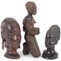 A group of 3 hardwood African Tribal figures, including 2 hardwood busts and a kneeling fertility