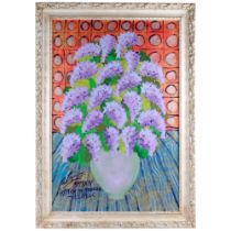 Royston Du Maurier Lebek, acrylics on canvas, vase of hydrangeas, in embossed painted wooden