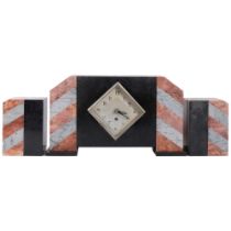 A French Art Deco two-colour marble and slate-cased mantel clock garniture, replacement quartz