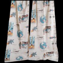 A pair of American 1950's space race waffle printed cotton curtains, each 134cm x 51cm