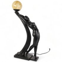 A large and impressive Art Deco style table lamp, a reclining nude lady, with associated marble