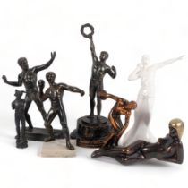 A group of spelter and copper athletes, a Coalport figure, a reproduction Classical male, and a