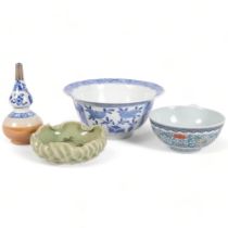 A group of modern Oriental ceramic items, including a blue and white centrepiece bowl, with 6