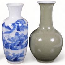 Two Chinese porcelain vases: A celadon green ceramic vase, H30cm, character mark stamped to the