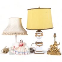 A German Katshutte table lamp, with a figure of a lady seated on a sofa, H46cm overall, a