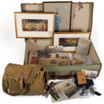 A collection of military postcards, pictures, booklets, buttons, buckle, canvas bag, etc, in a