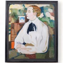 Clive Fredriksson, impressionist style oil on board, lady wearing a white blouse, in painted wood