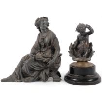 A spelter figure of a seated Classical lady, H22cm, and a spelter cherub figure on plinth