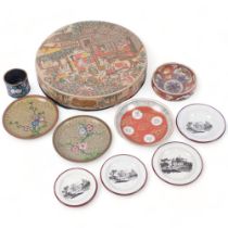 Cloisonne dishes, Oriental lacquer work box, 20cm, and 4 early 19th century printed plates from a