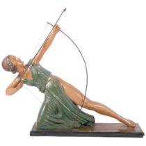 An Art Deco painted plaster figure of a lady archer, on plinth, length overall 62cm