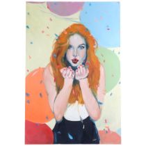 Clive Fredriksson, unframed oil on canvas, girl blowing kisses, 90cm x 60cm