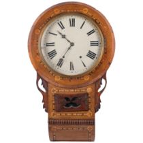 19th century drop-dial wall clock in marquetry inlaid case, H67cm