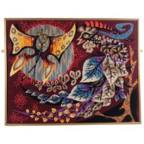 A mid-century hand made tapestry picture by Royal Paris, of Butterfly and Bird, framed, 81 x 64cm