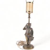 A brass Mr Pickwick figure table lamp and shade, H74cm overall