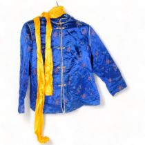 A traditional Mongolian Del jacket, with scarf, vibrant blue silk jacket, with embroidered flower