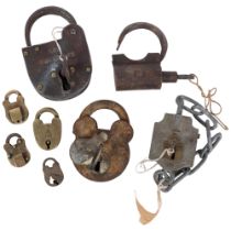 A collection of Victorian and later padlocks, including Lee Conservancy, miniature brass padlocks