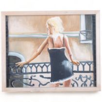 Clive Fredriksson, oil on board, a young lady looking over a balcony, 44cm x 54cm overall, framed