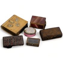 A group of various boxes, including Georgian Bilston enamel patch box "Make virtue fill thy