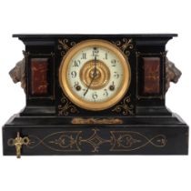 A slate and marble-cased 2-train mantel clock, with lion mask decoration, 38cm across
