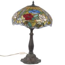A Tiffany style table lamp with leadlight floral decoration shade, 36cm across